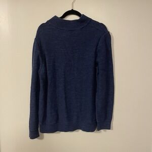 LL Bean 100% Organic Cotton Sweater Mens Large Blue Textured 1/4 Zip Knit Casual